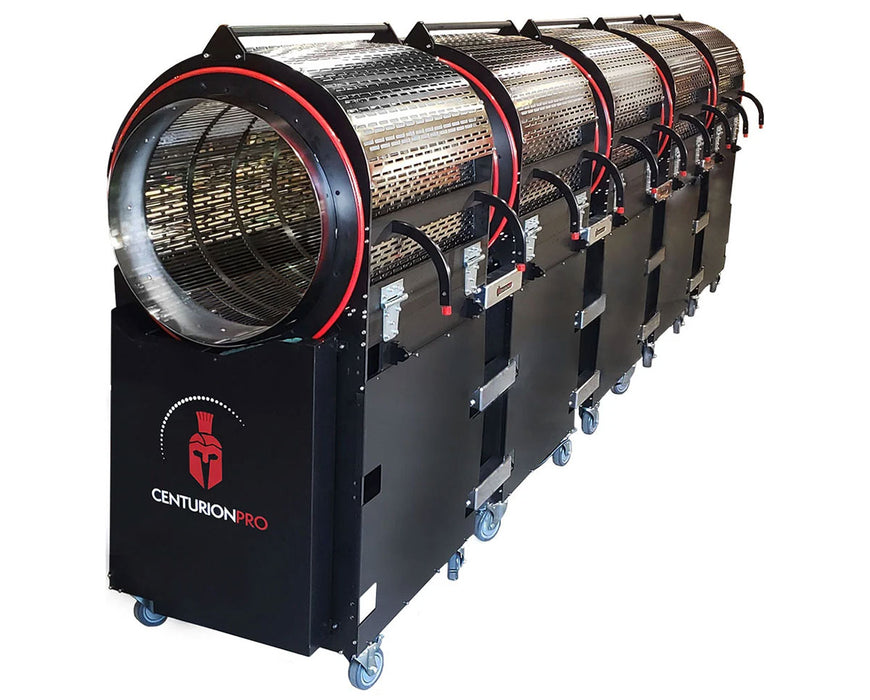 Side view of the CenturionPro XL 5.0 SE trimmer, featuring multiple stainless steel tumblers for high-capacity bud trimming.