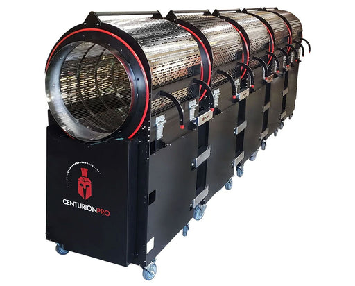 Front angle of the CenturionPro XL 5.0 trimmer with multiple stainless steel tumblers for wet and dry cannabis trimming.