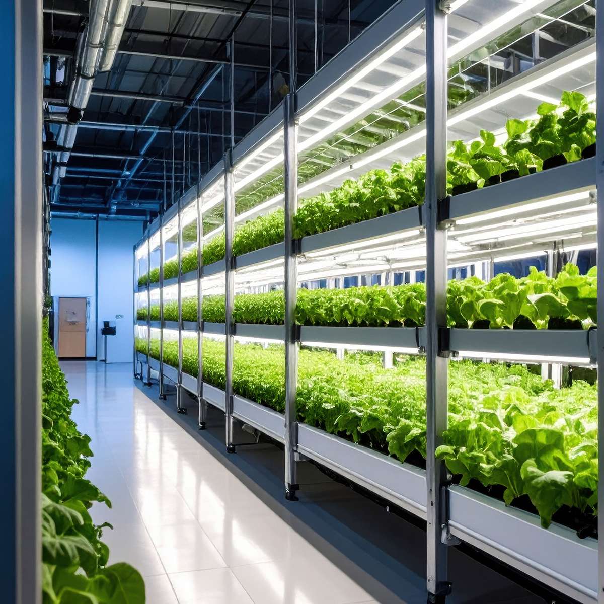 Indoor vertical farm with rows of green plants under LED lights.