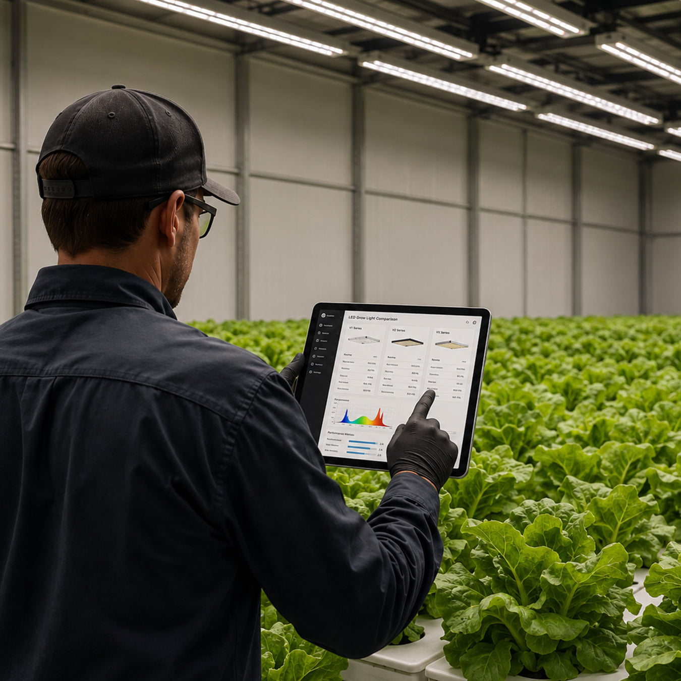 A man in a hydroponic farm wearing a black cap, dark shirt, and gloves uses a tablet to monitor data over rows of green leafy lettuce under bright overhead lights.