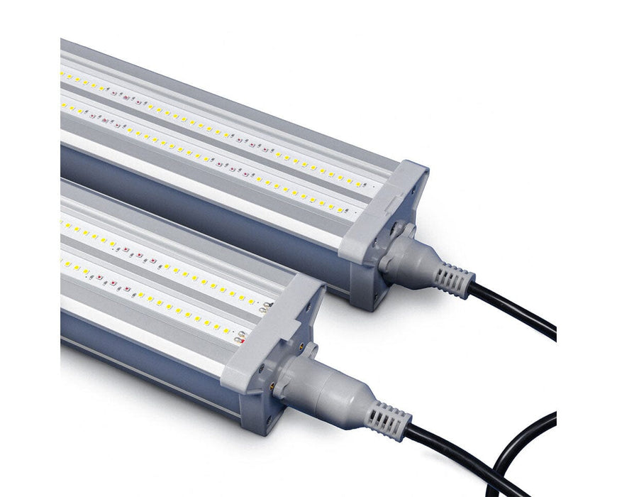 Close-up of Craft Farmer V3 under canopy lights with connected power cables and durable aluminum end caps.