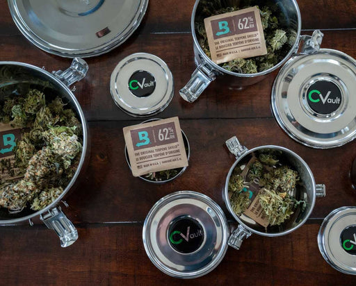 Several open and closed CVault Personal containers filled with flower and Boveda 62% RH humidity packs, arranged on a wooden surface to show different sizes.