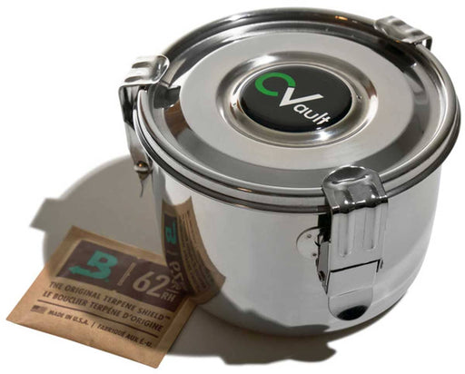 Stainless steel CVault Personal storage container with locking lid and included Boveda 62% RH humidity control pack, designed for keeping bud fresh and protected.