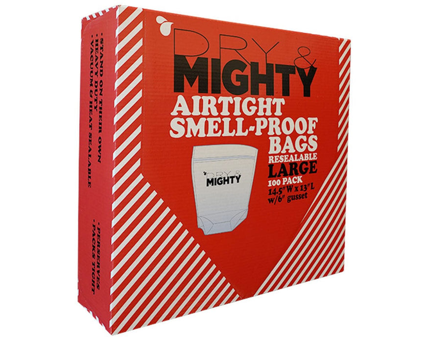 Dry and Mighty airtight smell proof bags large 100 pack resealable storage with gusset base 14.5x13 inch.