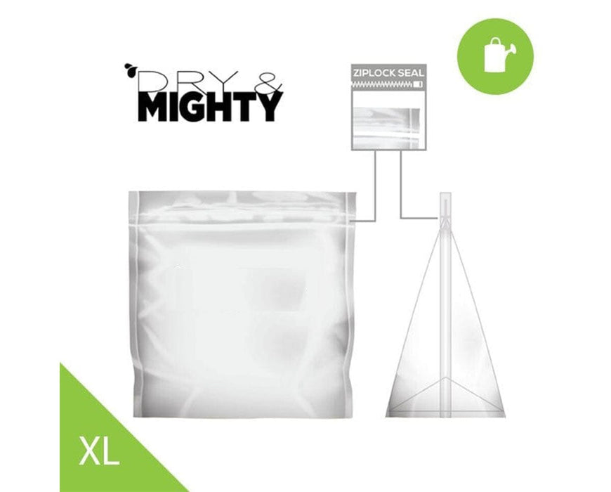 
Dry and Mighty XL smell proof bag with ziplock seal diagram showing gusseted base and standing pouch design.