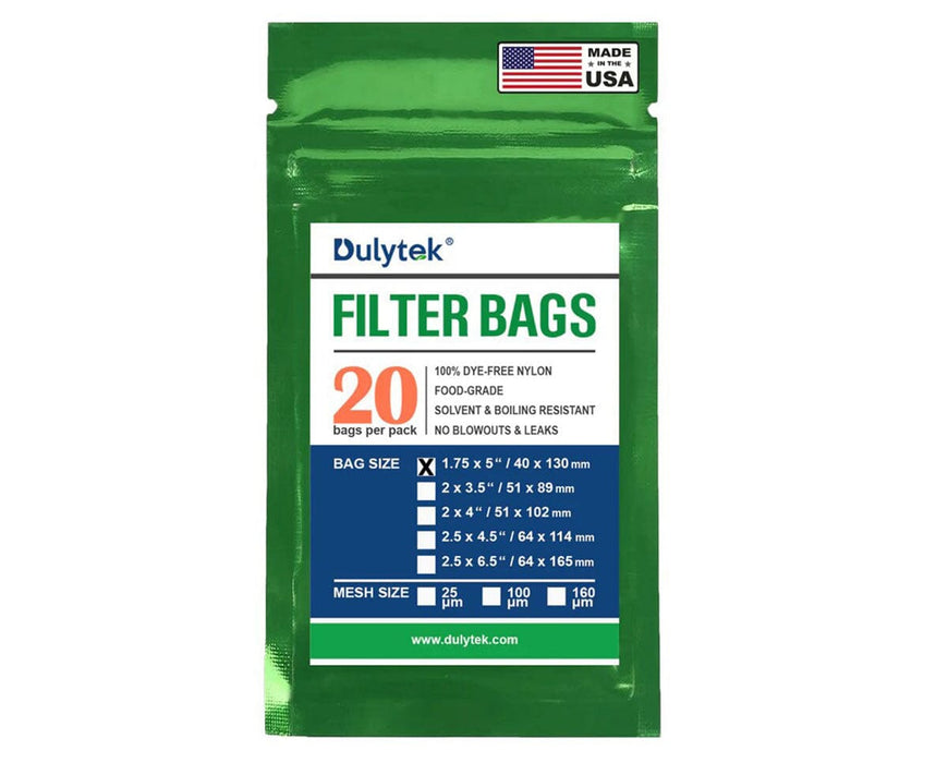 Retail packaging of Dulytek Filter Bags showing sizes, mesh options, and quantity of 20 per pack.