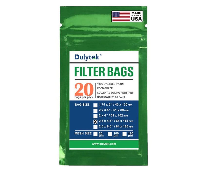 Retail packaging of Dulytek Filter Bags showing sizes, mesh options, and quantity of 20 per pack