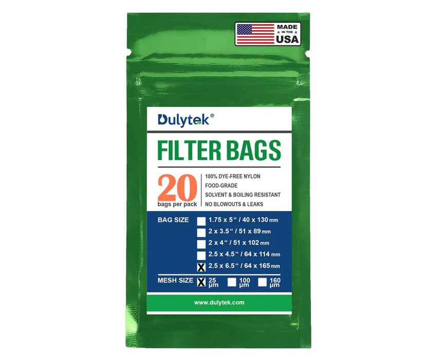 Retail packaging of Dulytek Filter Bags showing sizes, mesh options, and quantity of 20 per pack.