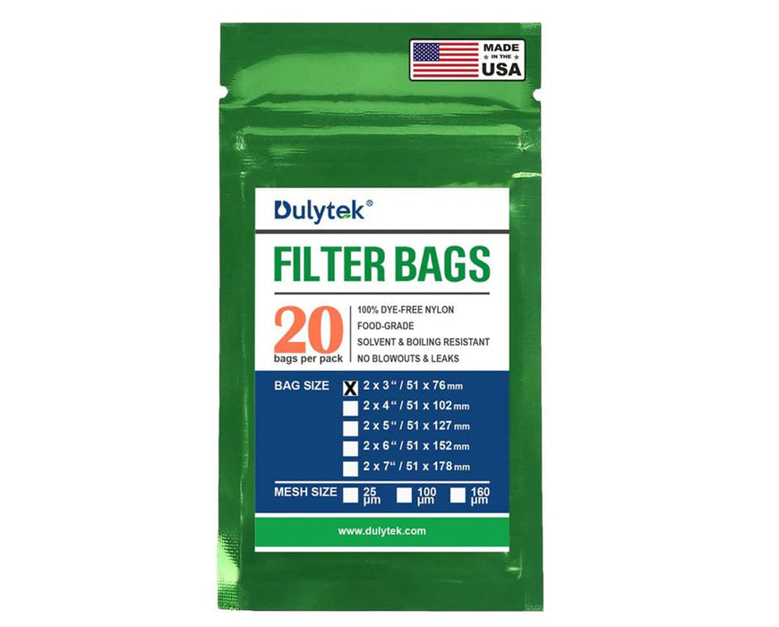 Retail packaging of Dulytek Filter Bags showing sizes, mesh options, and quantity of 20 per pack.
