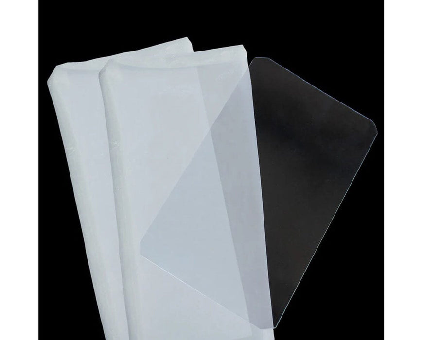 Close-up of two Dulytek nylon rosin filter bags and a clear loading card on a black background.