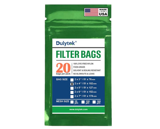 Retail packaging of Dulytek Filter Bags showing sizes, mesh options, and quantity of 20 per pack.