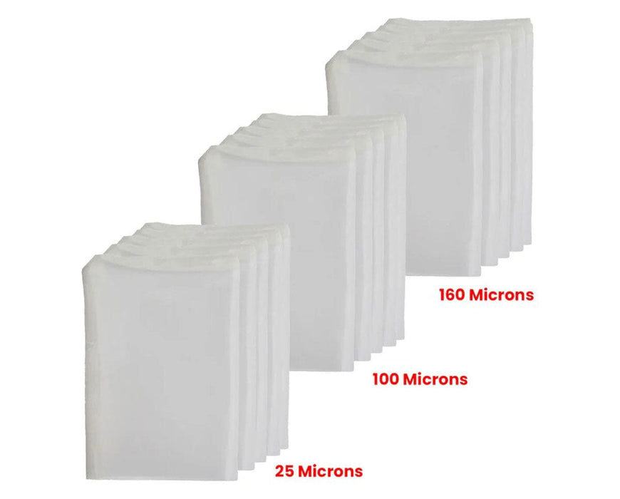 Multiple Dulytek nylon rosin filter bags arranged in rows.