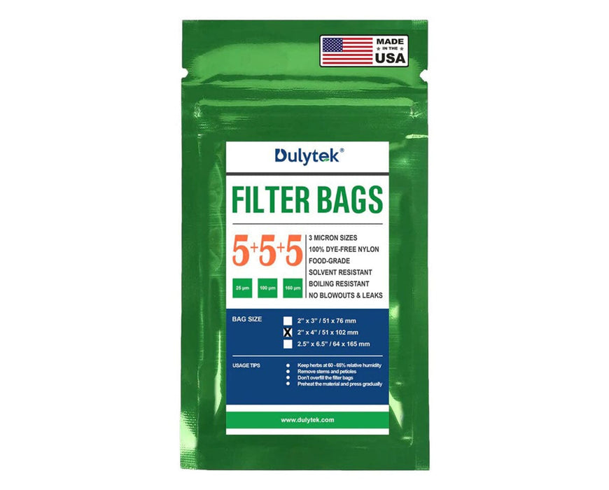 Retail packaging of Dulytek Filter Bags showing sizes, mesh options, and quantity of 15 per pack.