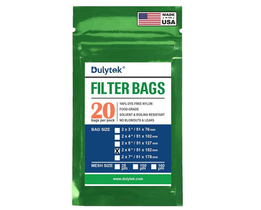 Retail packaging of Dulytek Filter Bags showing sizes, mesh options, and quantity of 20 per pack.