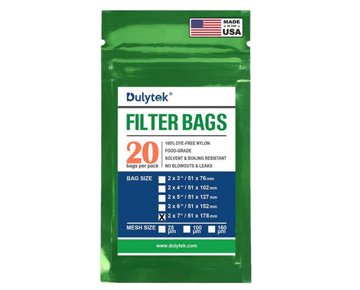 Retail packaging of Dulytek Filter Bags showing sizes, mesh options, and quantity of 20 per pack.