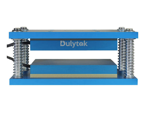 Close-up front view of the Dulytek caged heat plate without the controller, showcasing the heating plates and spring mechanism.