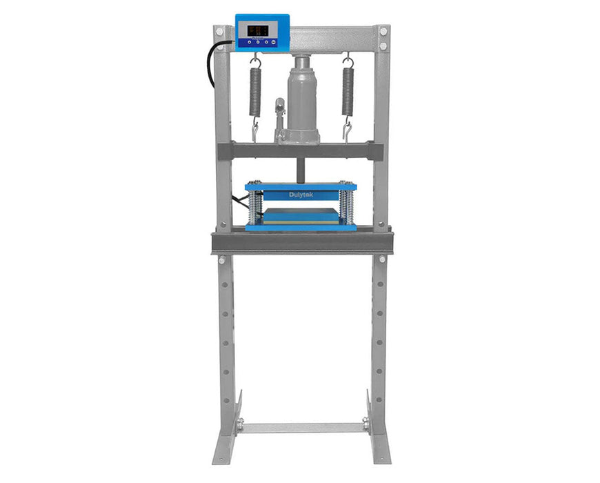 Dulytek heat plate kit mounted on a hydraulic press frame with attached temperature controller at the top.