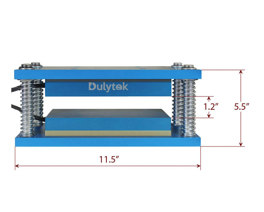 Measurement diagram of the Dulytek heat plate kit showing dimensions—11.5" wide, 5.5" tall, and 1.2" plate thickness.