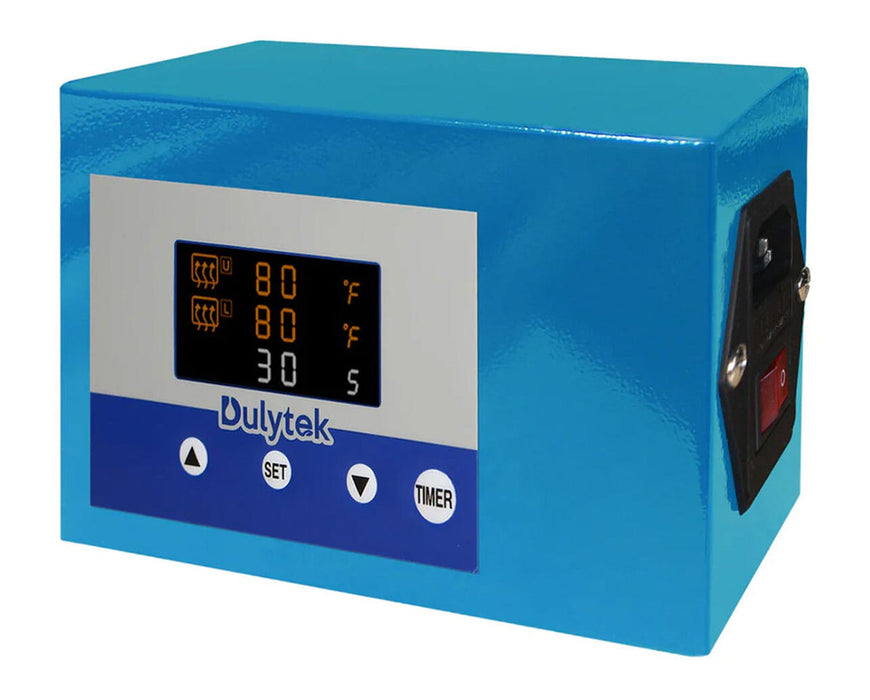 Angled close-up of the Dulytek temperature controller displaying temperature and timer settings with power switch on the side.