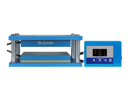 Blue Dulytek caged heat plate kit with dual springs and external digital temperature controller, showing 80°F set temperature.