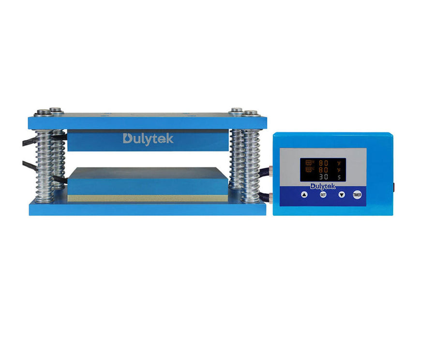 Blue Dulytek caged heat plate kit with dual springs and external digital temperature controller, showing 80°F set temperature.