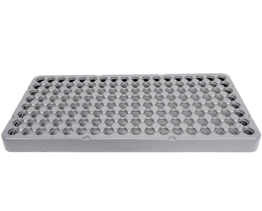 Gray plastic insert tray with 144 circular clone sites labeled “TurboKlone,” designed to fit into the Elite 144 reservoir.