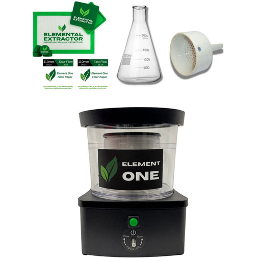 Complete Element One botanical extraction machine set featuring the vacuum-sealing extractor unit with glass lid, filter papers, funnel, flask, silicone accessories, and branded packaging.