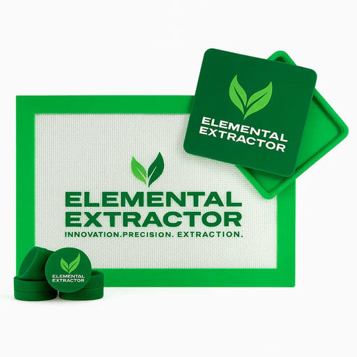 Green and white Elemental Extractor silicone mat and accessories kit, including a non-stick mat, containers, and trays, all branded with the Elemental Extractor logo.