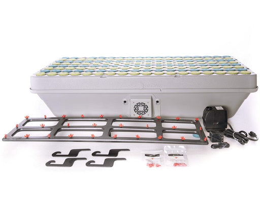 Full TurboKlone Elite 144 kit shown with cloner lid, insert tray with collars, sprayer manifold, submersible pump, gray fan, power cords, and accessories.