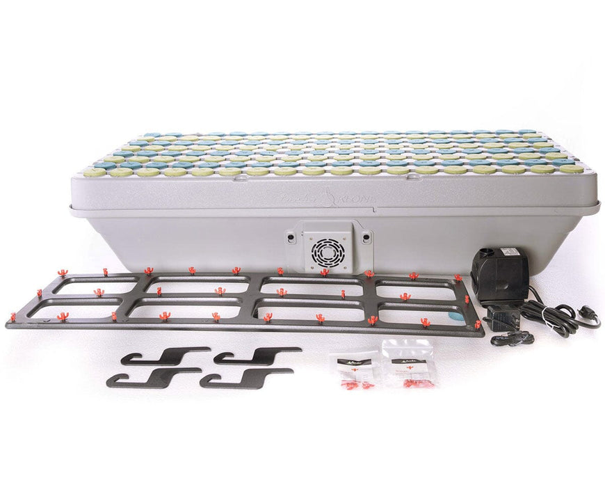 Full TurboKlone Elite 144 kit shown with cloner lid, insert tray with collars, sprayer manifold, submersible pump, gray fan, power cords, and accessories.