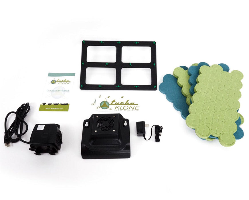 Complete TurboKlone Elite 96 kit components displayed, including pump, fan housing, power adapter, quick-start guide, spray manifold, foam collars, and branded instructions.