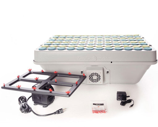 TurboKlone Elite 96 cloning system with lid removed to show internal manifold and submersible pump beside the unit, along with power supply and extra red misting nozzles.