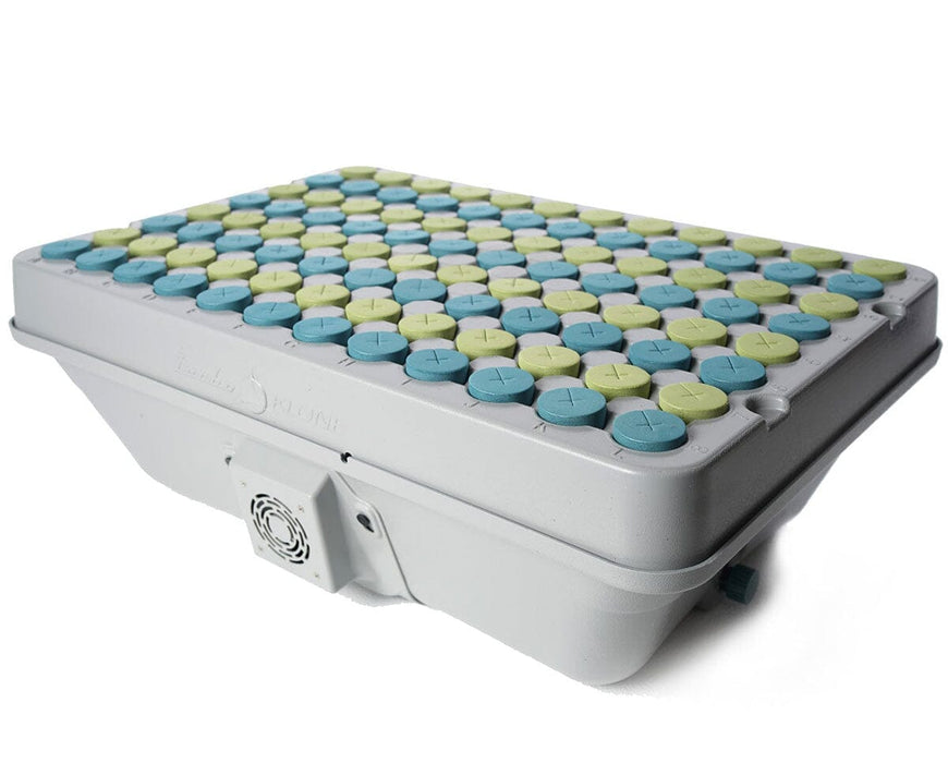 Top-down angled view of the TurboKlone Elite 96 cloner with lid closed, showcasing 96 color-coded neoprene collars and integrated cooling fan vent.