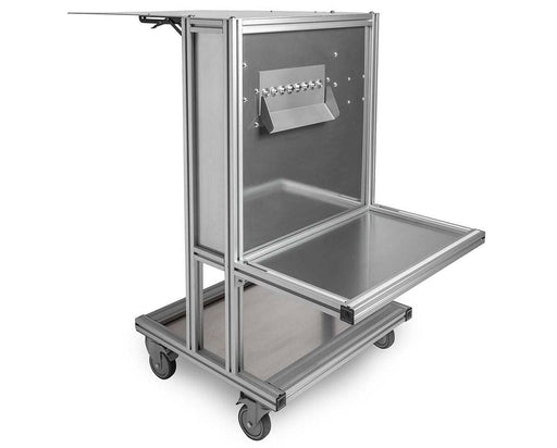 EZTRIM Bud Bucker bud bucking machine shown with adjustable stainless steel work surface, upright aluminum frame, and variable hole plate for bud stripping.