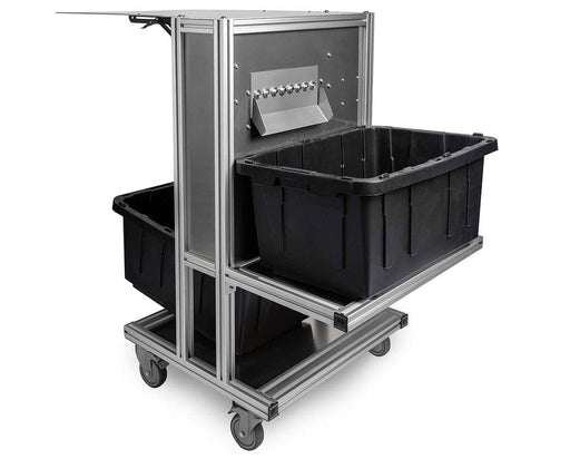 EZTRIM Bud Bucker loaded with large black collection totes, showing the mounted bucking plate with multiple hole sizes for wet or dry bud stems.