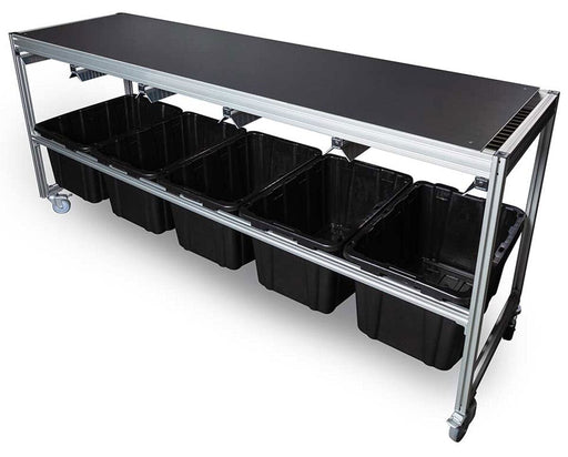 EZ Trim Bud Sorter angled left view showing aluminum frame and bin slots designed for manual bud sorting without vibration or power.