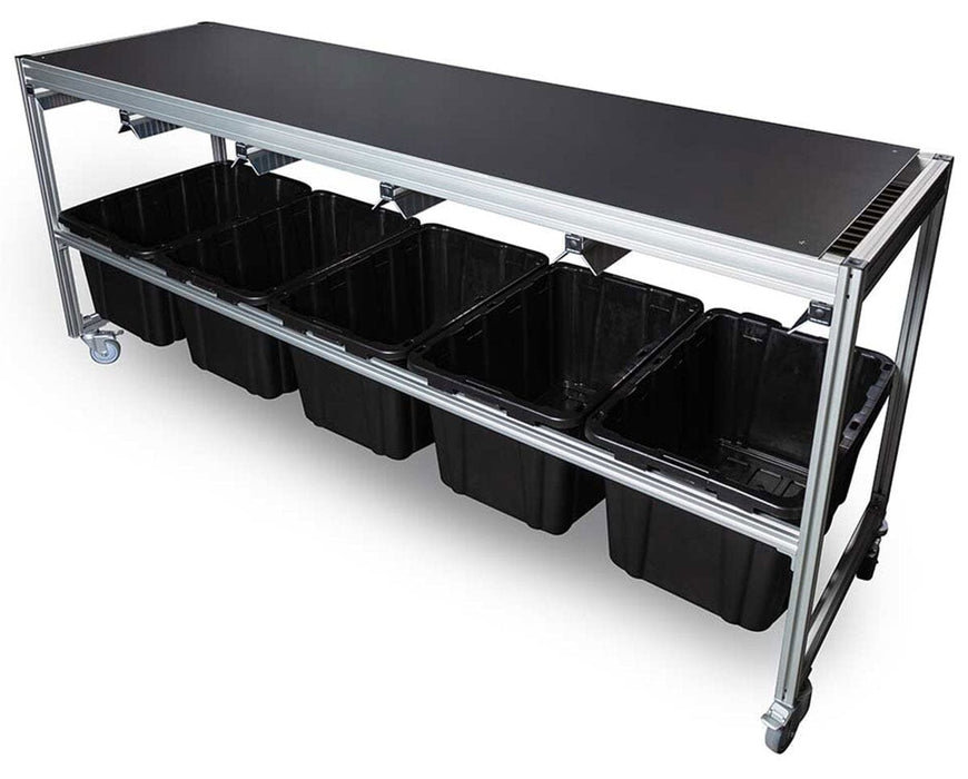 EZ Trim Bud Sorter angled left view showing aluminum frame and bin slots designed for manual bud sorting without vibration or power.