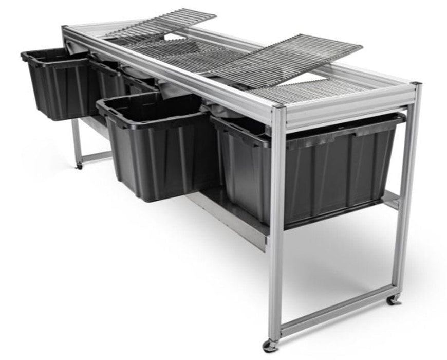 Detail of EZ Trim Bud Sorter with open grates lifted, showing the tool-free interchangeable grate system for customizing bud grading sizes.