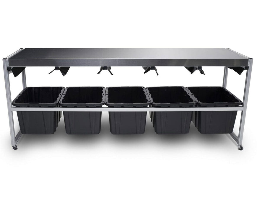 Wide front view of EZ Trim Bud Sorter featuring five 27-gallon bins beneath the grate system for efficient and high-capacity bud sorting.