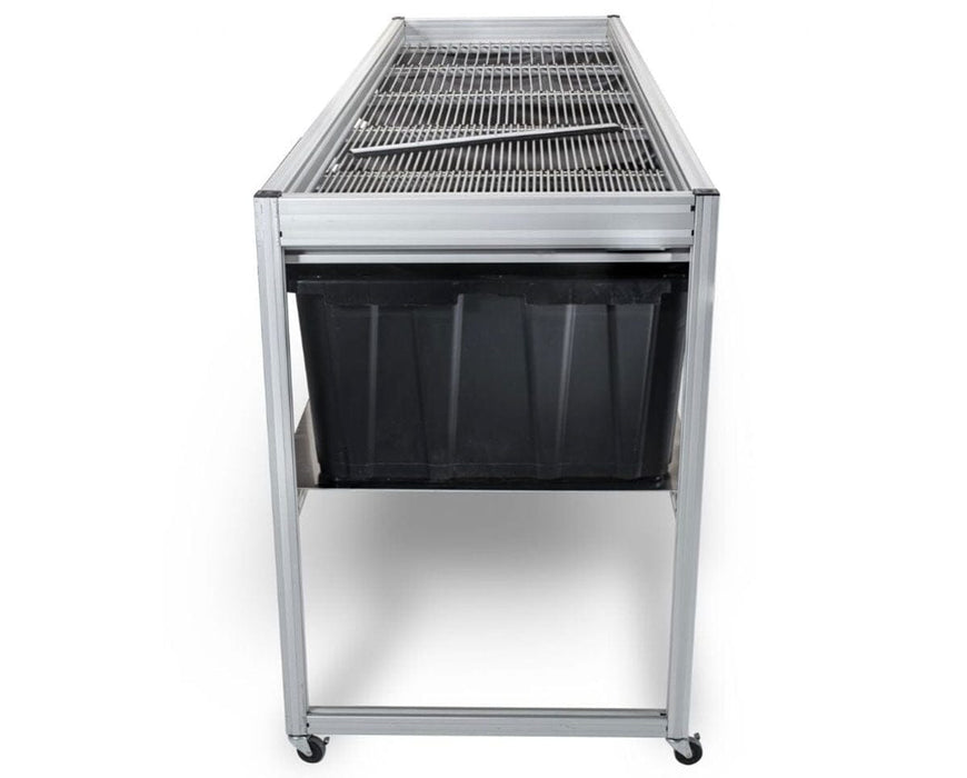 Front view of EZ Trim Bud Sorter highlighting integrated bins and grate system for sorting cannabis buds by size with no moving parts.