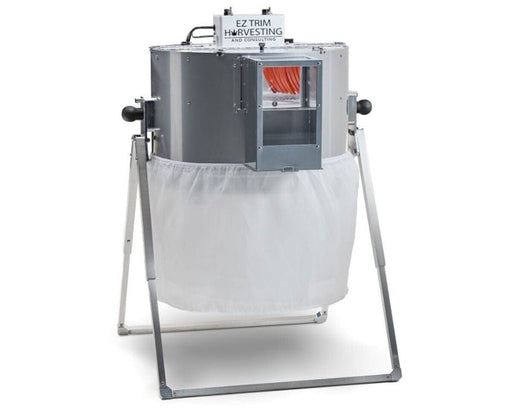 Front view of EZ Trim Satellite Bud Trimmer with collection bag attached to capture trim and kief during wet and dry harvest processing.