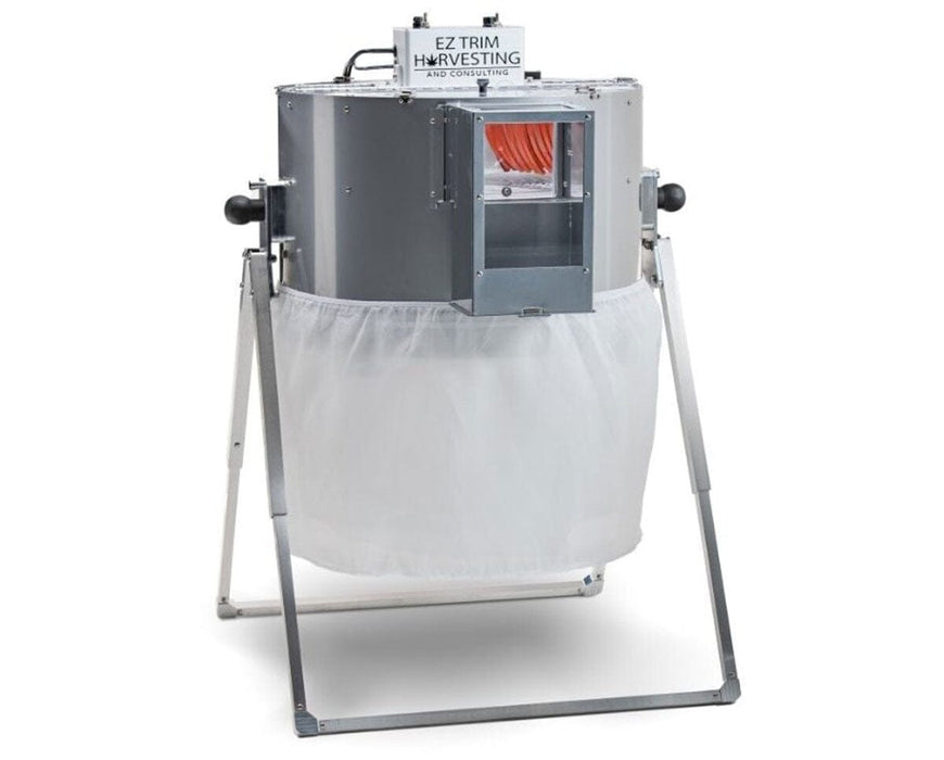Front view of EZ Trim Satellite Bud Trimmer with collection bag attached to capture trim and kief during wet and dry harvest processing.