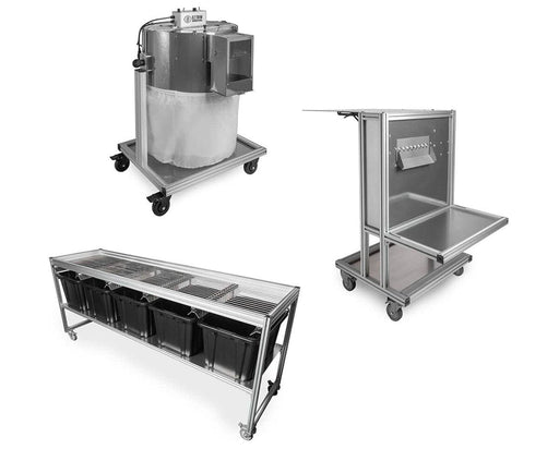 The EZ Trim Trifecta System featuring the three critical components of EZ Trim's proven process: the Bud Bucker, Satellite Bud Trimmer, and Bud Sorter.