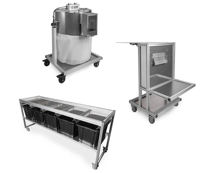The EZ Trim Trifecta System featuring the three critical components of EZ Trim's proven process: the Bud Bucker, Satellite Bud Trimmer, and Bud Sorter.