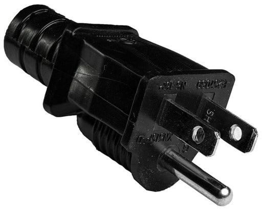 Angled view of similar 3-prong grounded plug with ribbed handle grip for secure connection.