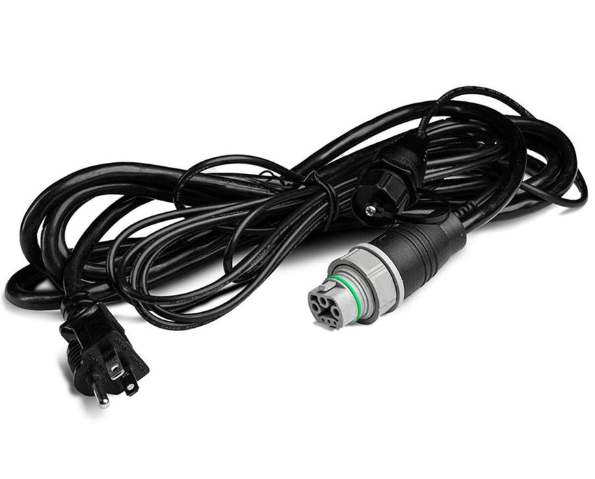 Coiled Faven Chroma power cord with three-prong plug and 3-pin connector for under canopy lights.