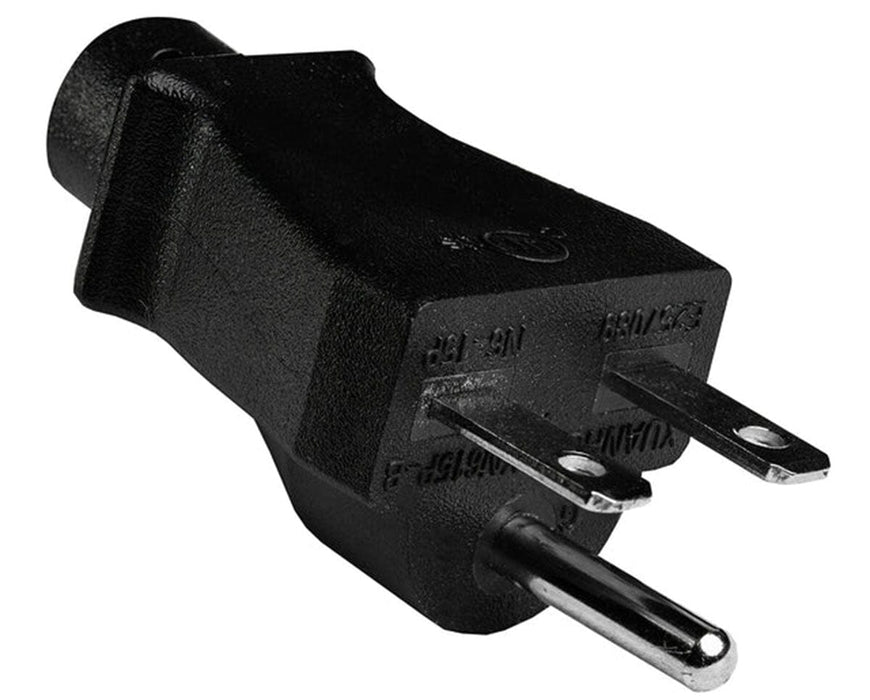 Detailed view of standard 3-prong plug with flat parallel blades and grounding pin.