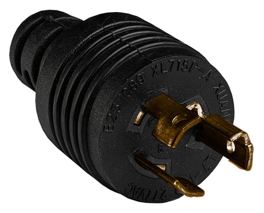 Close-up of NEMA L7-15P twist-lock plug with brass prongs on black industrial-grade casing.