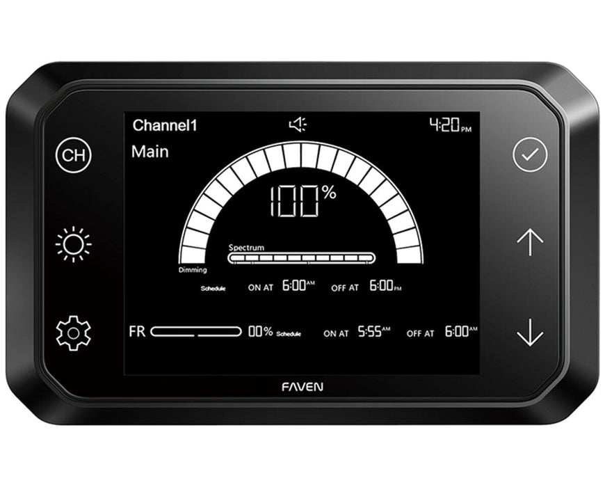 Product render of CX2 touchscreen interface at 100% dimming with far-red set to 0%, icons visible.