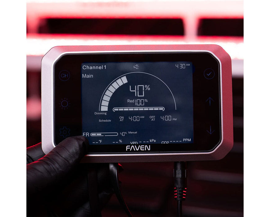 CX2 controller screen showing dimming at 40% with full red, scheduling interface, and glove-held.